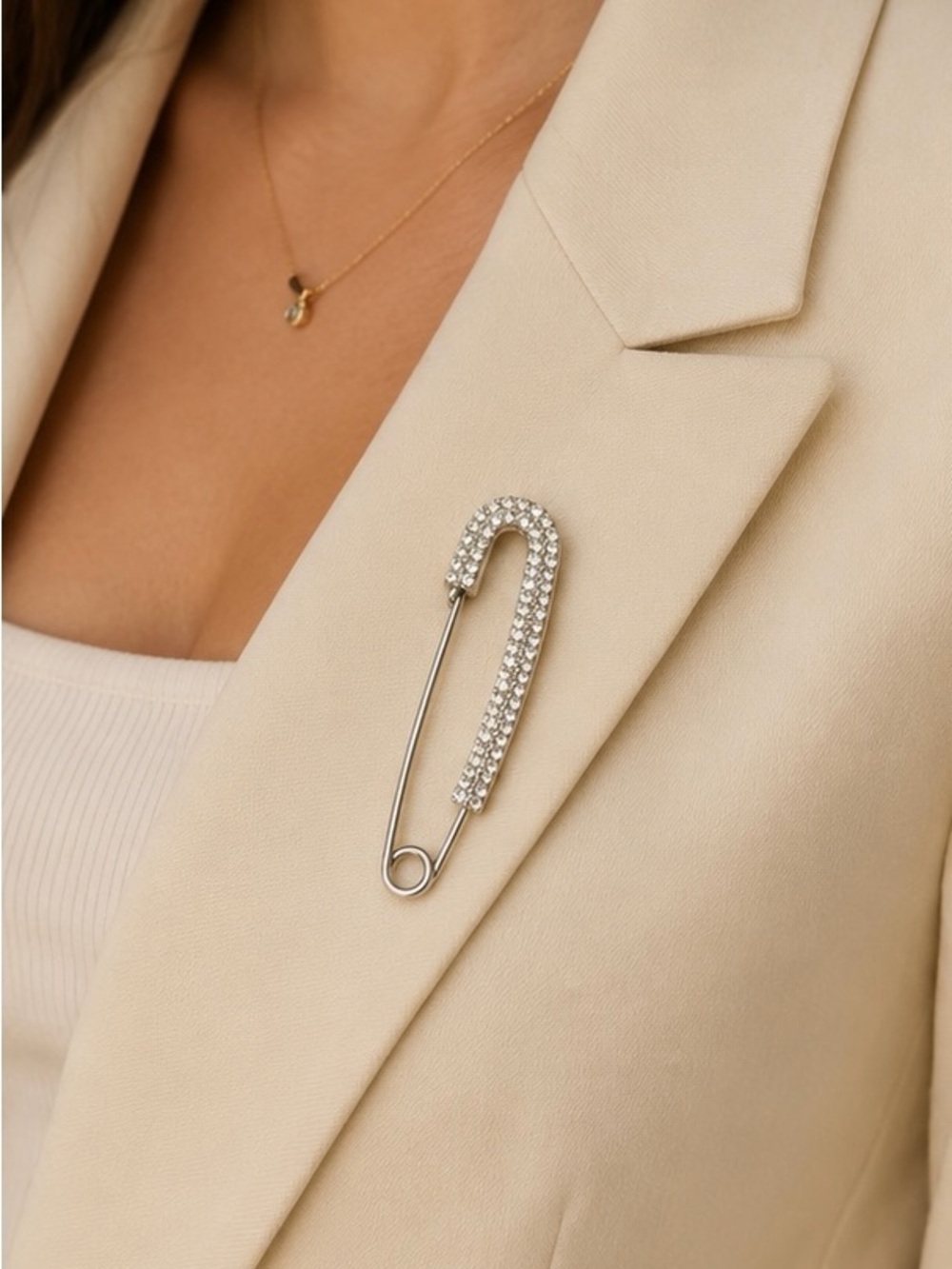 Silver Crystal Safety Pin Brooch